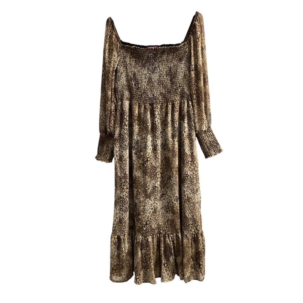 Betsey Johnson Dress Womens XL Animal Print Sheer Chiffon‎ Smocked Milkmaid Maxi